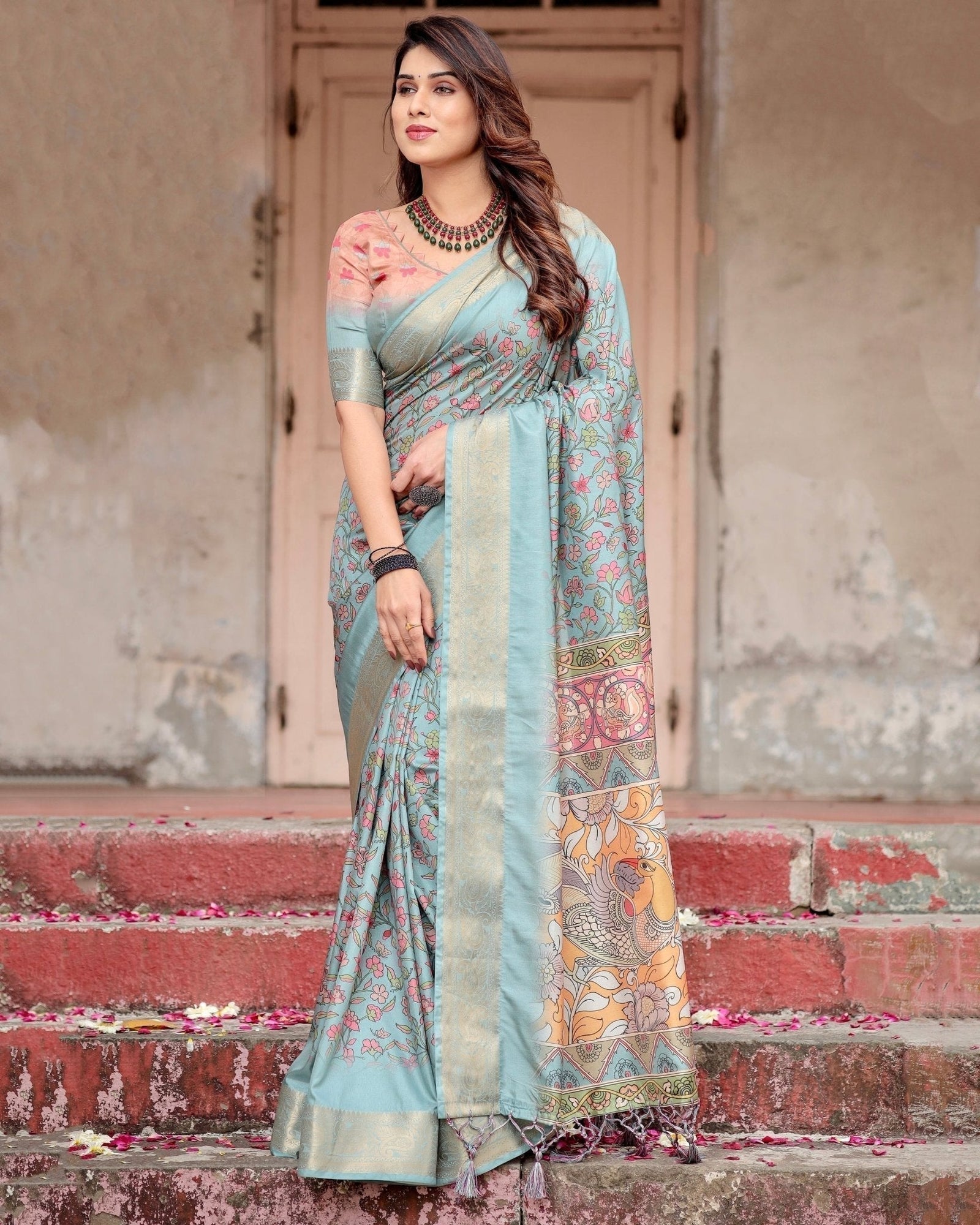 Sky Blue Tussar Silk Saree with Intricate Zari Border and Artistic Pallu Design DIGITAL PRINT
