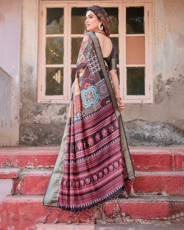 Multicolor Tussar Silk Saree with Ornamental Patchwork and Olive Zari Border DIGITAL PRINT