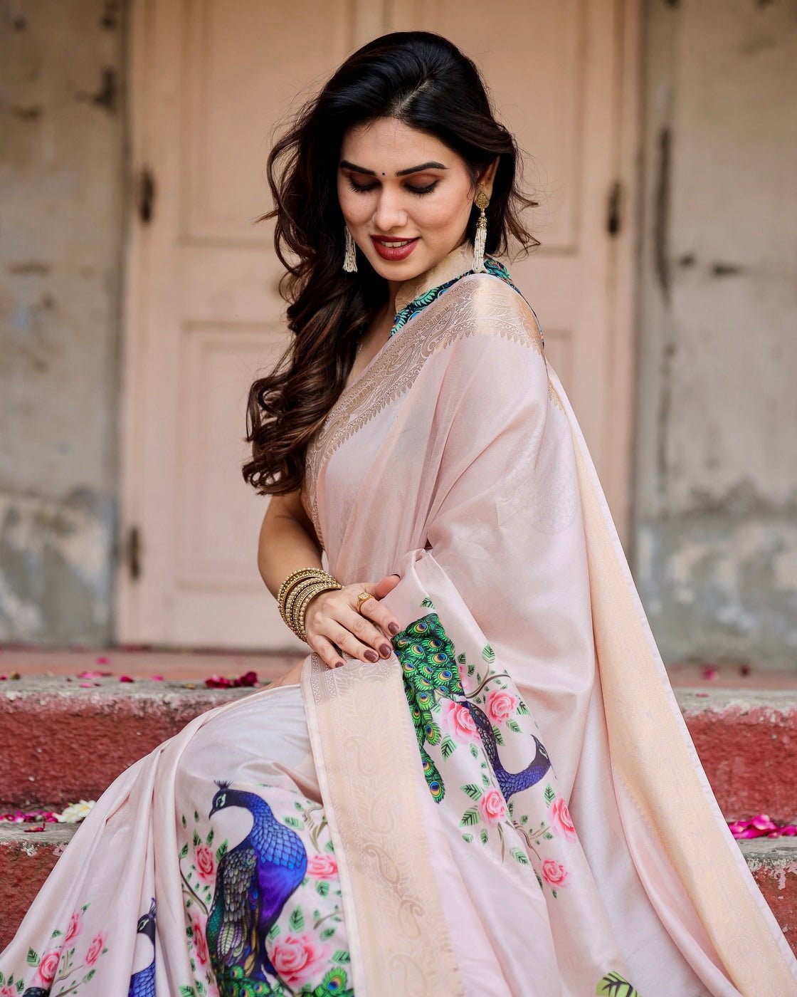Soft Pastel Pink Tussar Silk Saree with Hand-Painted Peacock and Floral Motifs DIGITAL PRINT
