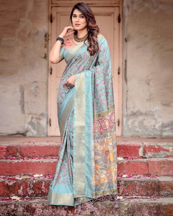 Sky Blue Tussar Silk Saree with Intricate Zari Border and Artistic Pallu Design DIGITAL PRINT