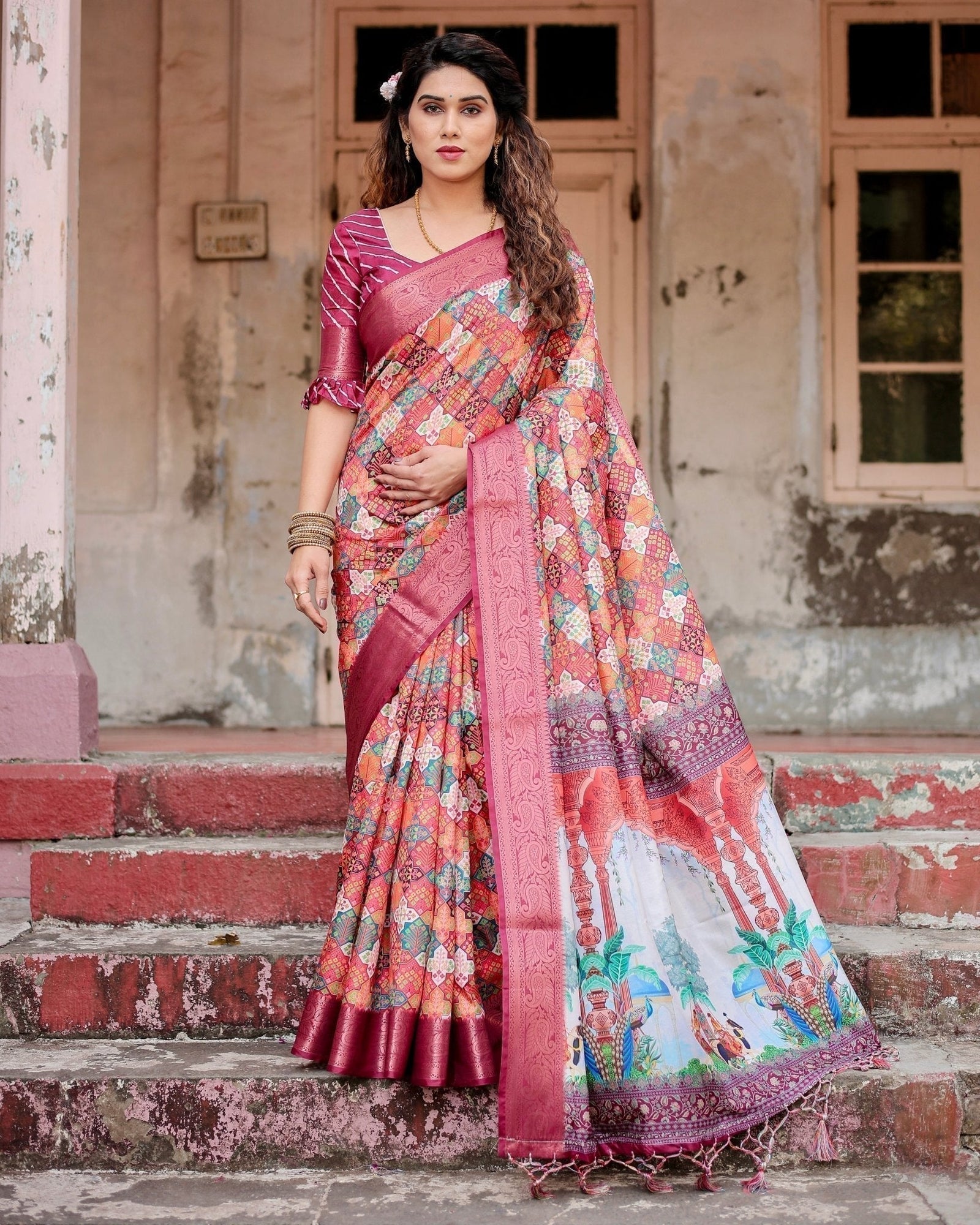 Maroon Tussar Silk Saree with Vibrant Geometric Tile Print and Zari Paisley Border DIGITAL PRINT