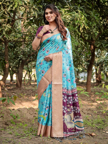 Aqua Blue Tussar Silk Saree with Floral Vine Design and Gold Zari Border DIGITAL PRINT