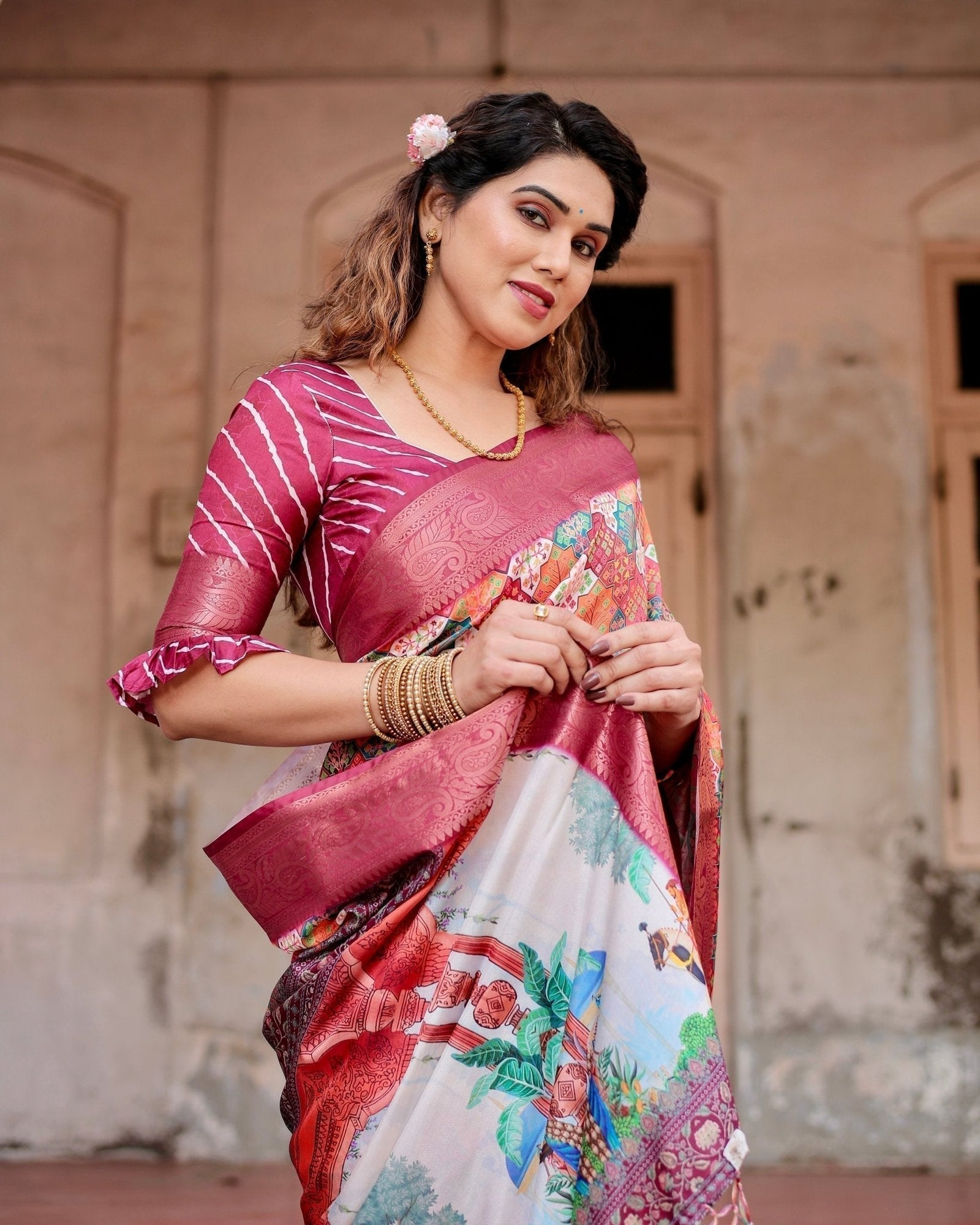 Maroon Tussar Silk Saree with Vibrant Geometric Tile Print and Zari Paisley Border DIGITAL PRINT