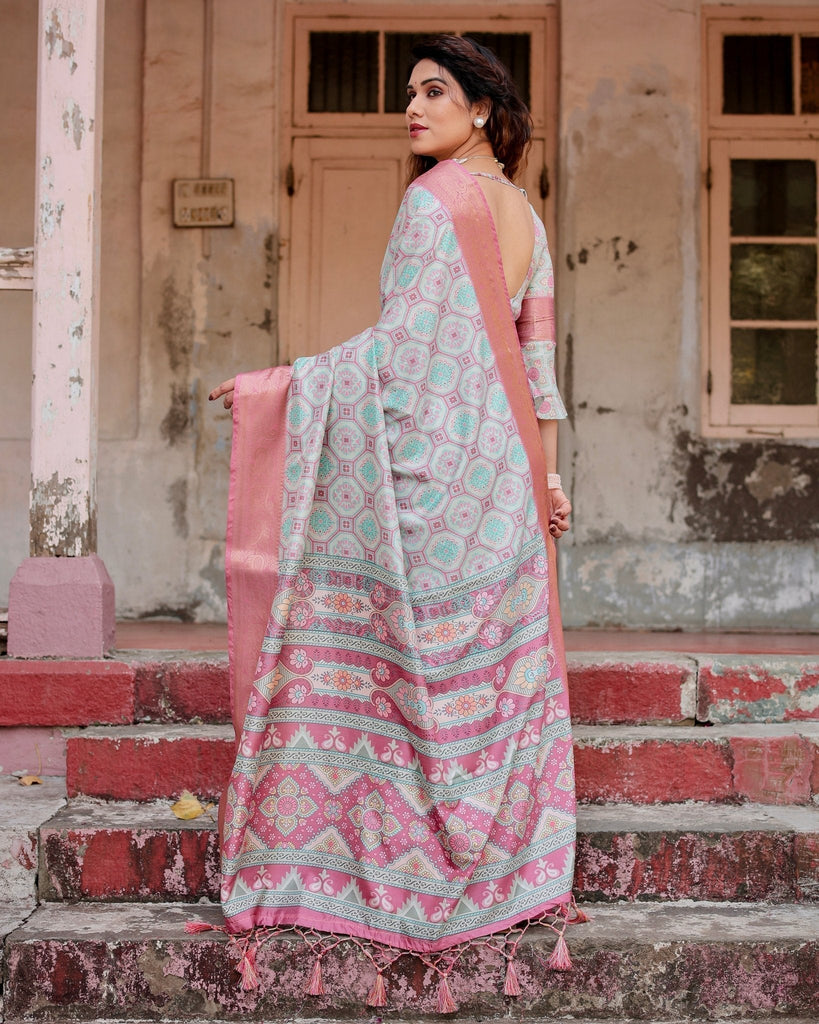 Pastel Pink and Mint Green Geometric Tussar Silk Saree with Zari Paisley Border DIGITAL PRINT