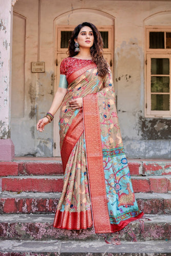 Beige Tussar Silk Saree with Vibrant Multicolor Floral Prints and Red Zari Border DIGITAL PRINT