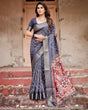 Load image into Gallery viewer, Navy Blue Tussar Silk Saree with Geometric Patterns, Zari Border, and Vibrant Pallu DIGITAL PRINT