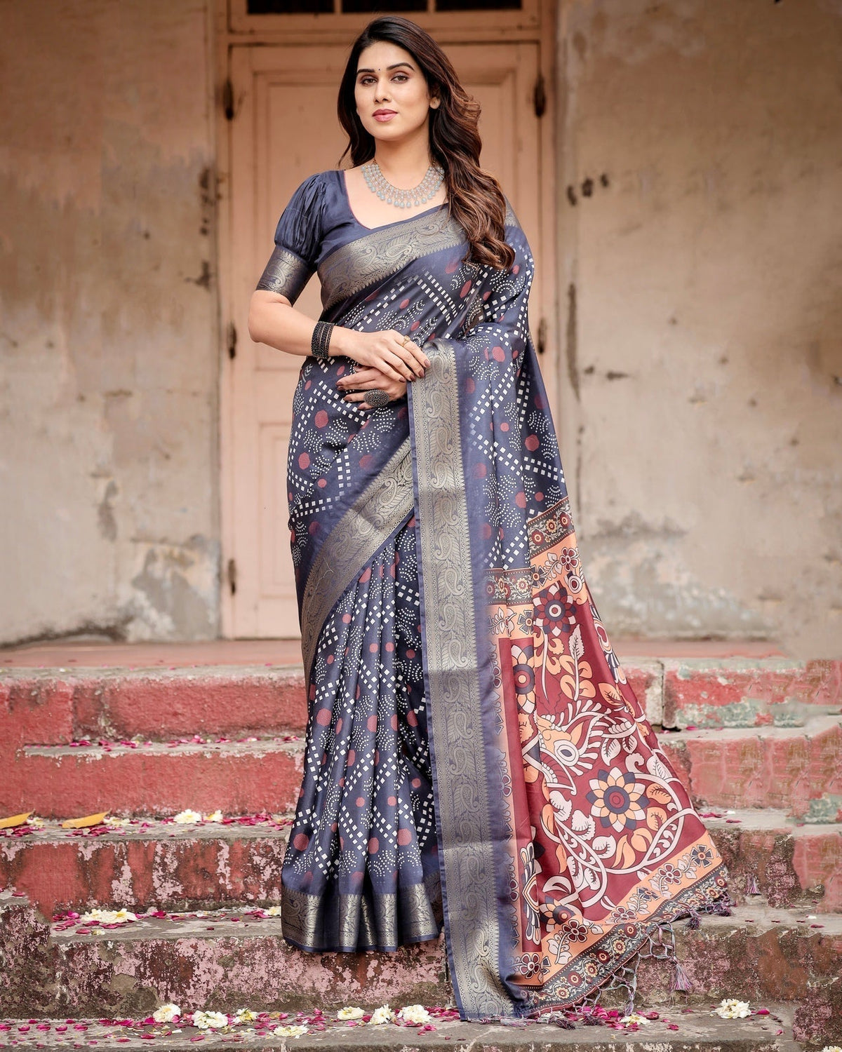 Navy Blue Tussar Silk Saree with Geometric Patterns, Zari Border, and Vibrant Pallu DIGITAL PRINT Main image