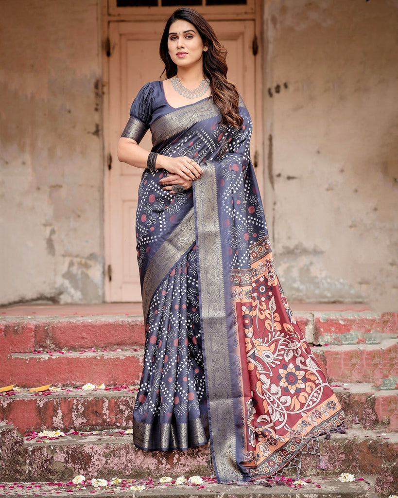 Navy Blue Tussar Silk Saree with Geometric Patterns, Zari Border, and Vibrant Pallu DIGITAL PRINT