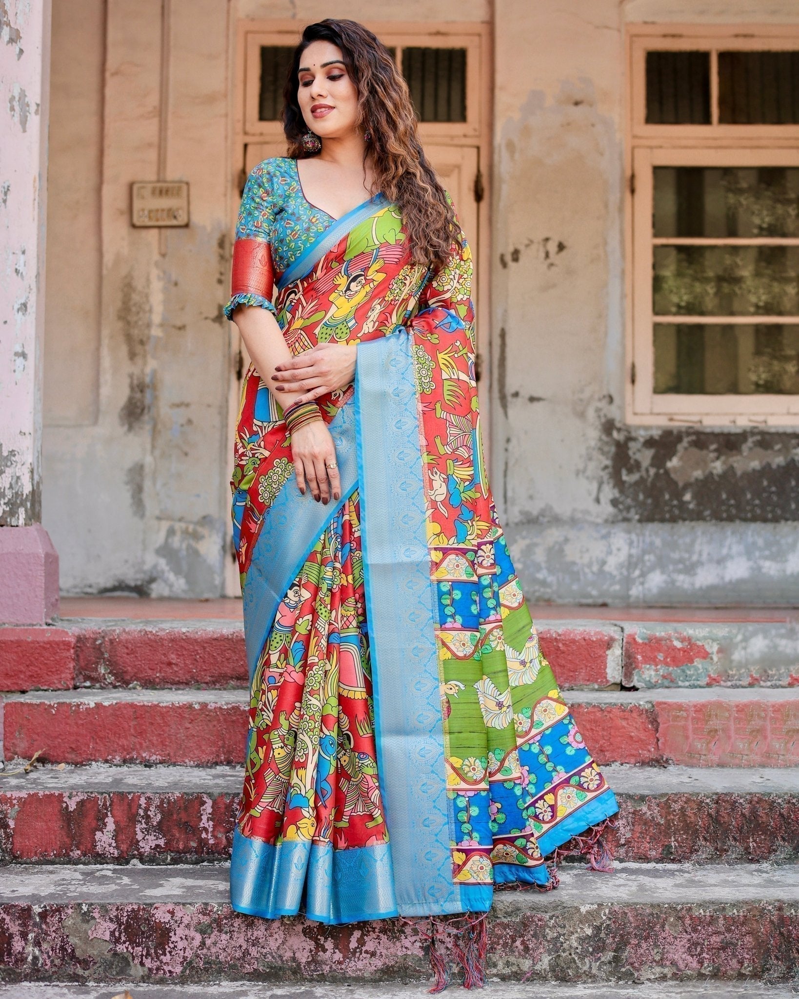 Multicolor Folk Art Inspired Digital Print Tussar Silk Saree with Sky Blue Zari Border Secondary image