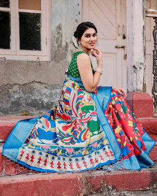 Beige and Red Tussar Silk Saree with Divine Motifs and Floral Zari Border DIGITAL PRINT