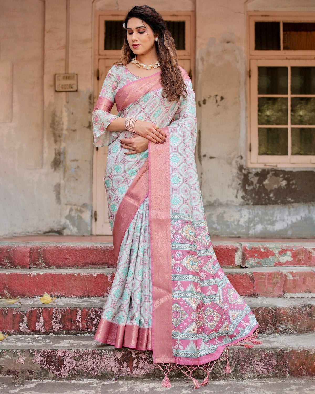 Pastel Pink and Mint Green Geometric Tussar Silk Saree with Zari Paisley Border DIGITAL PRINT Main image