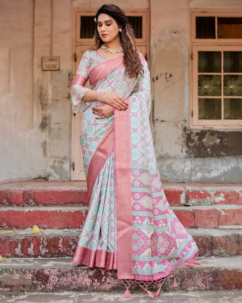 Pastel Pink and Mint Green Geometric Tussar Silk Saree with Zari Paisley Border DIGITAL PRINT Main image