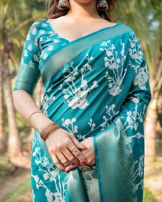 Teal Blue Tussar Silk Saree with White Floral Design, Gold Zari Border & Tassel Pallu DIGITAL PRINT