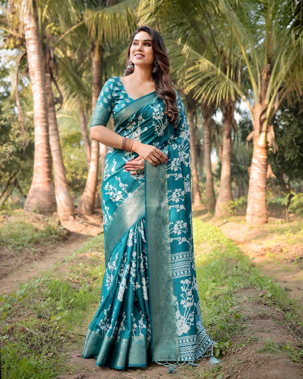 Teal Blue Tussar Silk Saree with White Floral Design, Gold Zari Border & Tassel Pallu DIGITAL PRINT