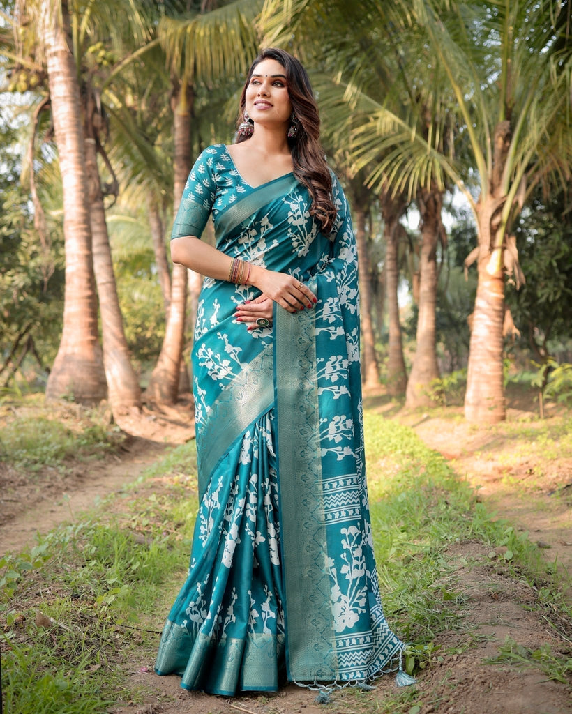 Teal Blue Tussar Silk Saree with White Floral Design, Gold Zari Border & Tassel Pallu DIGITAL PRINT