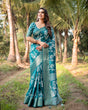 Load image into Gallery viewer, Teal Blue Tussar Silk Saree with White Floral Design, Gold Zari Border &amp; Tassel Pallu DIGITAL PRINT