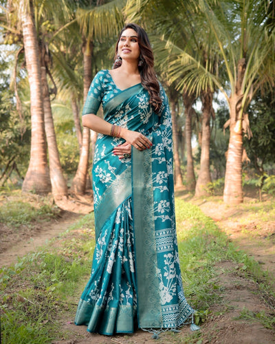 Teal Blue Tussar Silk Saree with White Floral Design, Gold Zari Border & Tassel Pallu DIGITAL PRINT