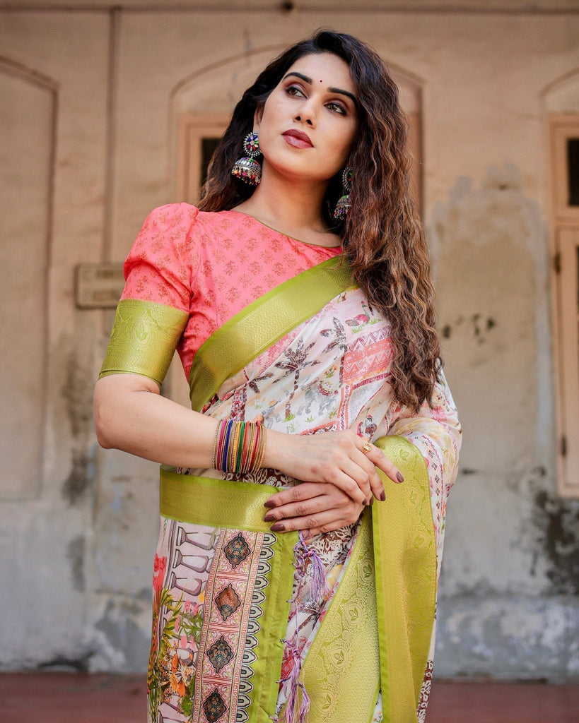 Pastel Tussar Silk Saree with Lime Green Zari Border and Hand-Painted Heritage Designs DIGITAL PRINT