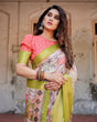 Load image into Gallery viewer, Pastel Tussar Silk Saree with Lime Green Zari Border and Hand-Painted Heritage Designs DIGITAL PRINT