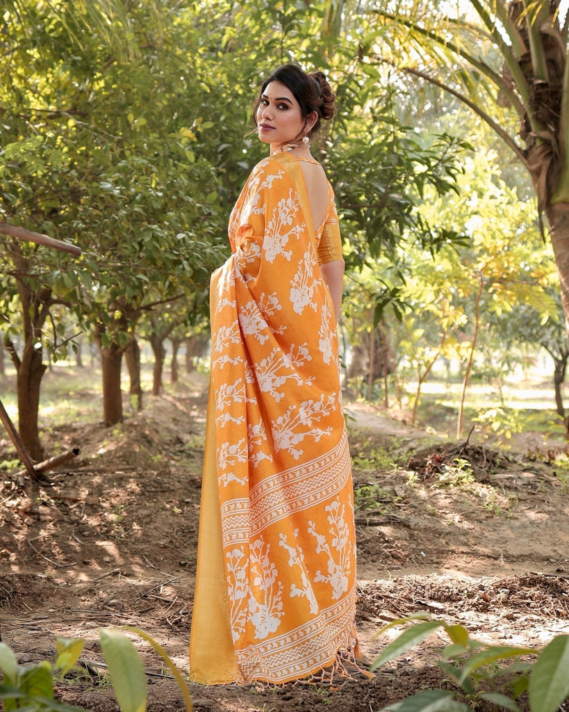 Sunshine Yellow Tussar Silk Saree with White Floral Motifs, Lustrous Zari Border, and Graceful Tassel Pallu DIGITAL PRINT