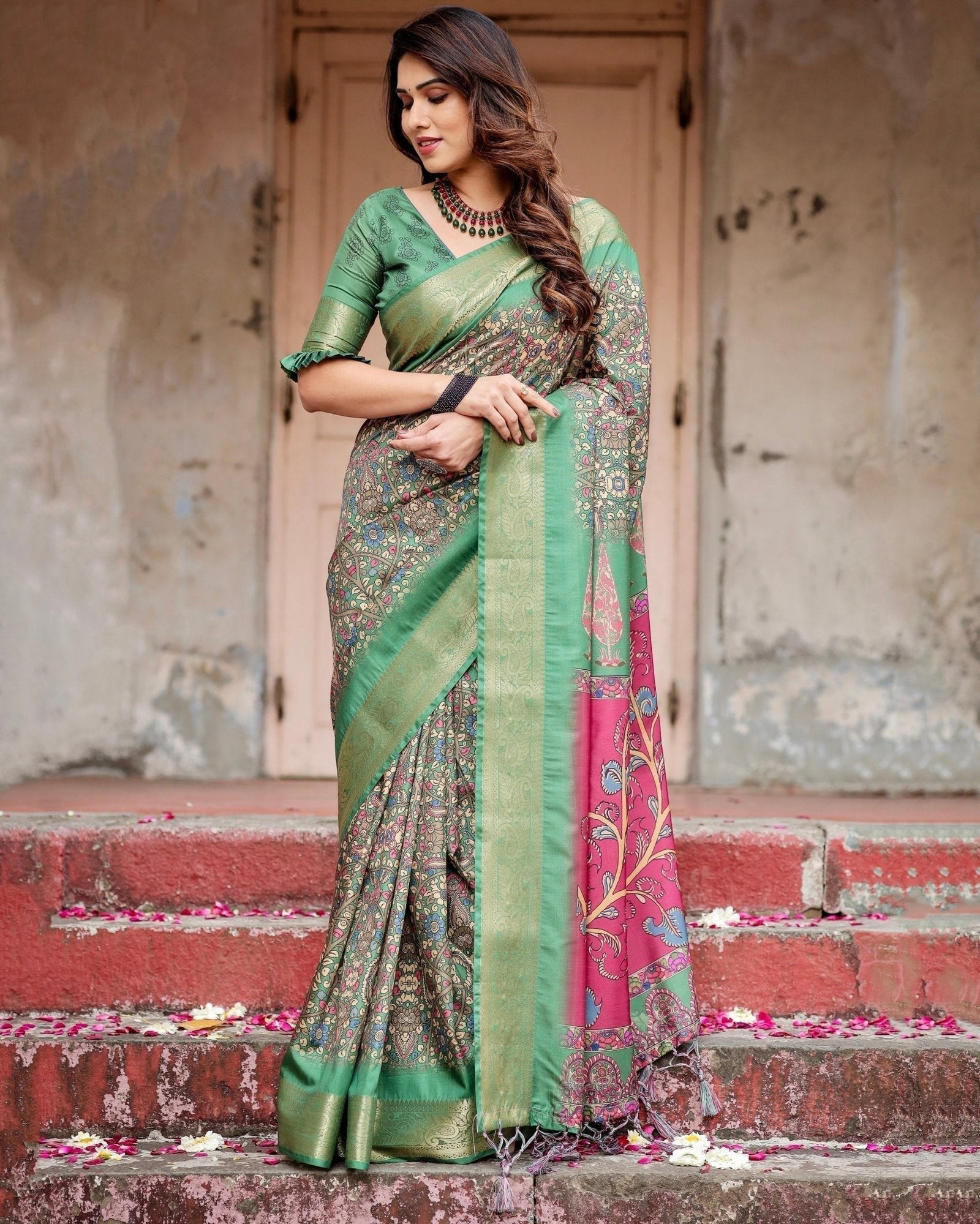 Emerald Green & Magenta Tussar Silk Saree with Zari Weave and Tassel Finish DIGITAL PRINT