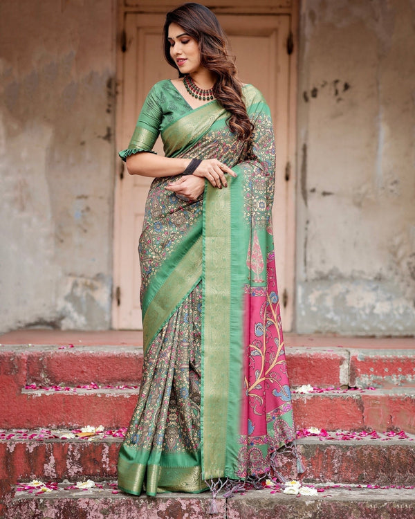 Emerald Green & Magenta Tussar Silk Saree with Zari Weave and Tassel Finish DIGITAL PRINT