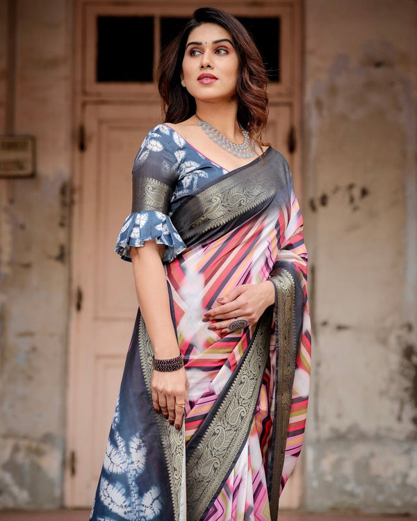 Geometric Multicolor Tussar Silk Saree with Charcoal Gray Zari Border and Abstract Pallu DIGITAL PRINT