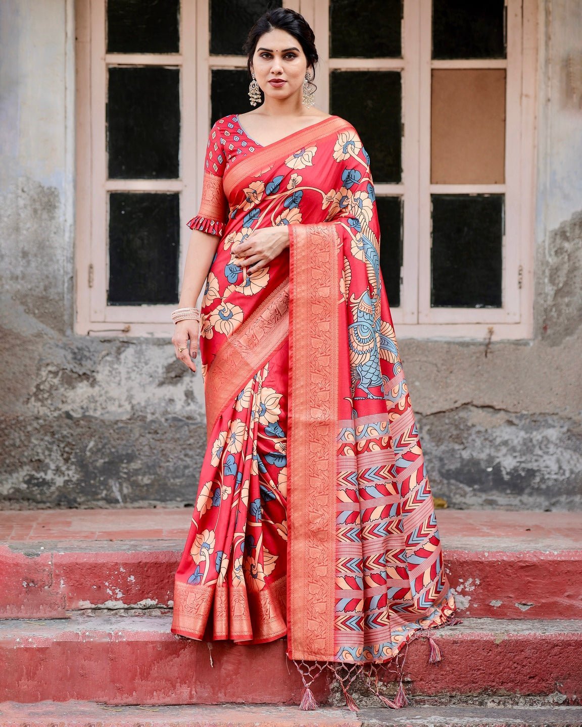 Vibrant Red Tussar Silk Saree with Bold Floral Motifs and Chevron Patterned Pallu DIGITAL PRINT Main image