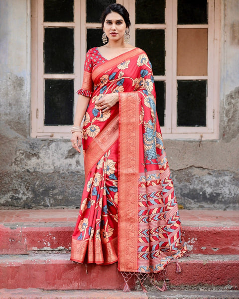 Vibrant Red Tussar Silk Saree with Bold Floral Motifs and Chevron Patterned Pallu DIGITAL PRINT Main image