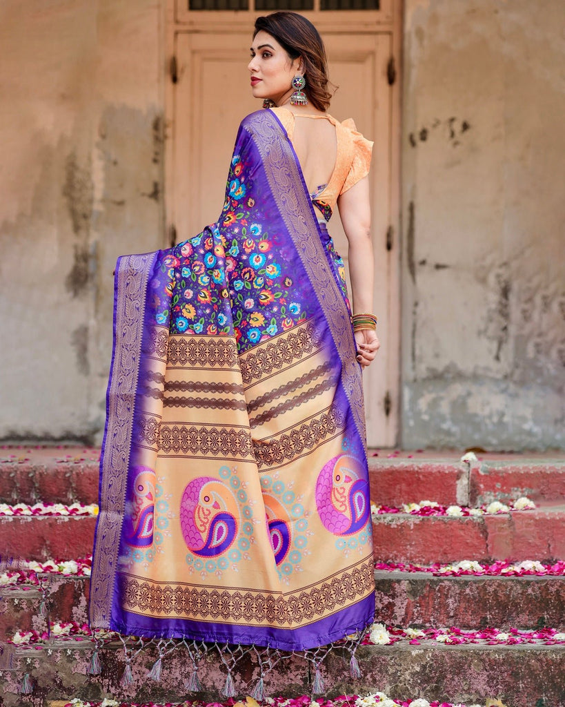 Royal Purple Tussar Silk Saree with Vibrant Floral Print and Peacock Motif Pallu DIGITAL PRINT