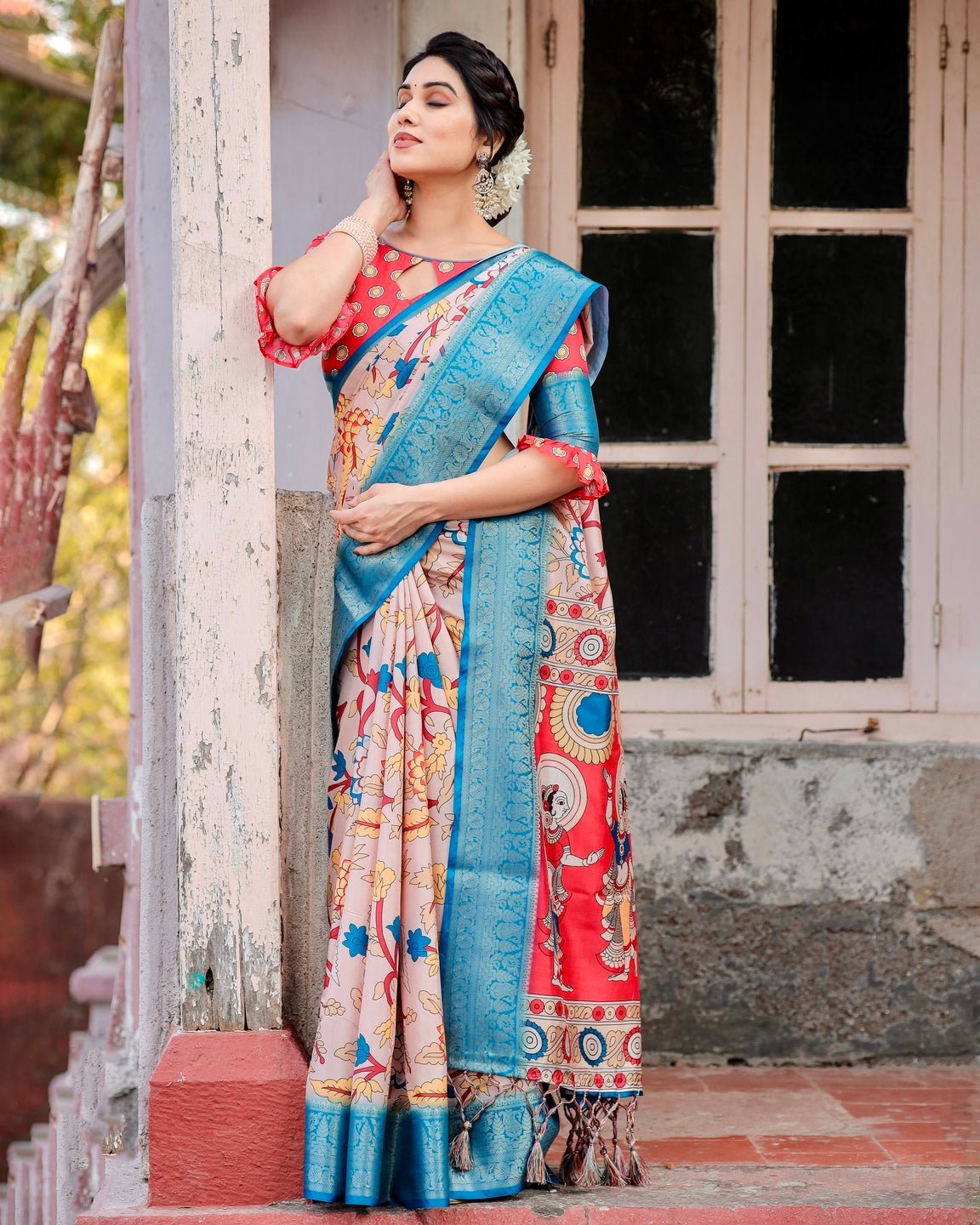Beige and Red Tussar Silk Saree with Divine Motifs and Floral Zari Border DIGITAL PRINT