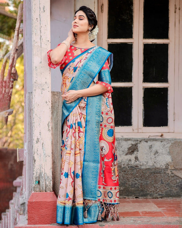 Beige and Red Tussar Silk Saree with Divine Motifs and Floral Zari Border DIGITAL PRINT