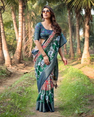 Multicolored Digital Print Tussar Silk Saree with Intricate Zari Border and Elephant Motif Pallu DIGITAL PRINT
