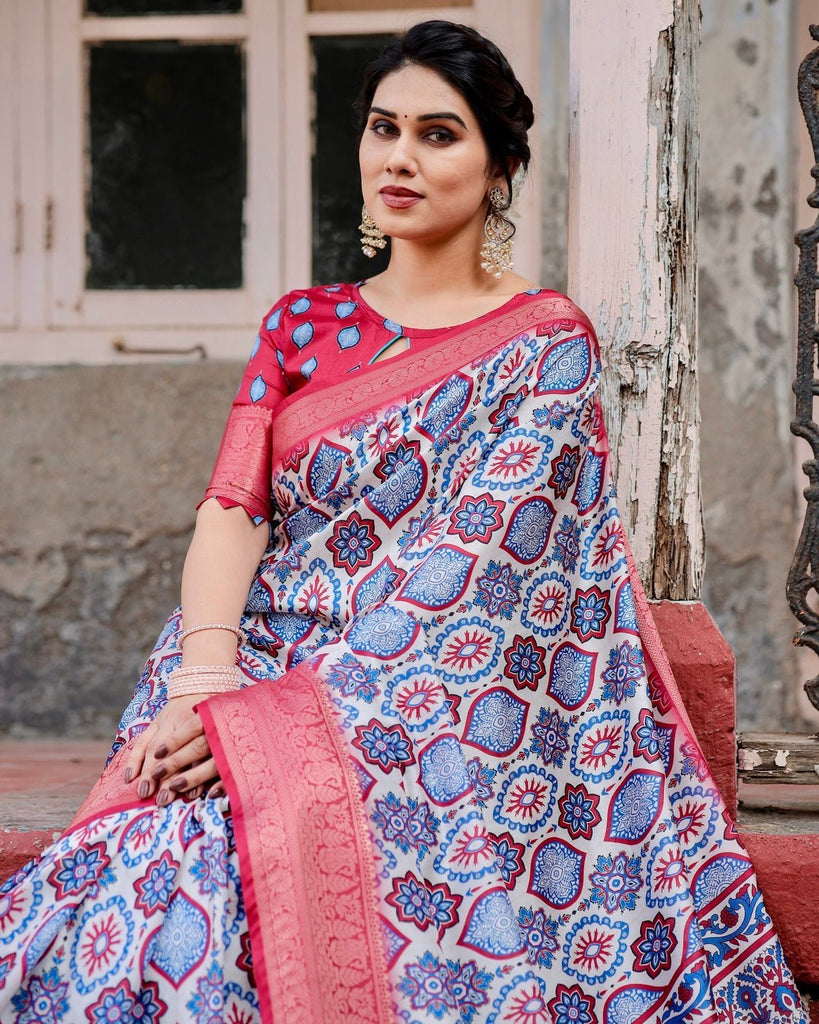 White and Red Tussar Silk Saree with Vibrant Floral Geometric Motifs and Ornamental Zari Border DIGITAL PRINT