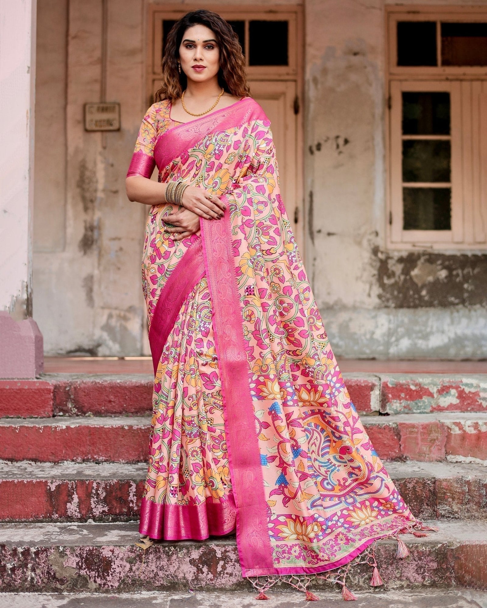 Peach and Fuchsia Floral Digital Print Tussar Silk Saree with Zari Border and Paisley Pallu DIGITAL PRINT