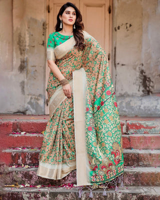Emerald Green and Gold Tussar Silk Saree with Floral and Ornamental Motifs DIGITAL PRINT