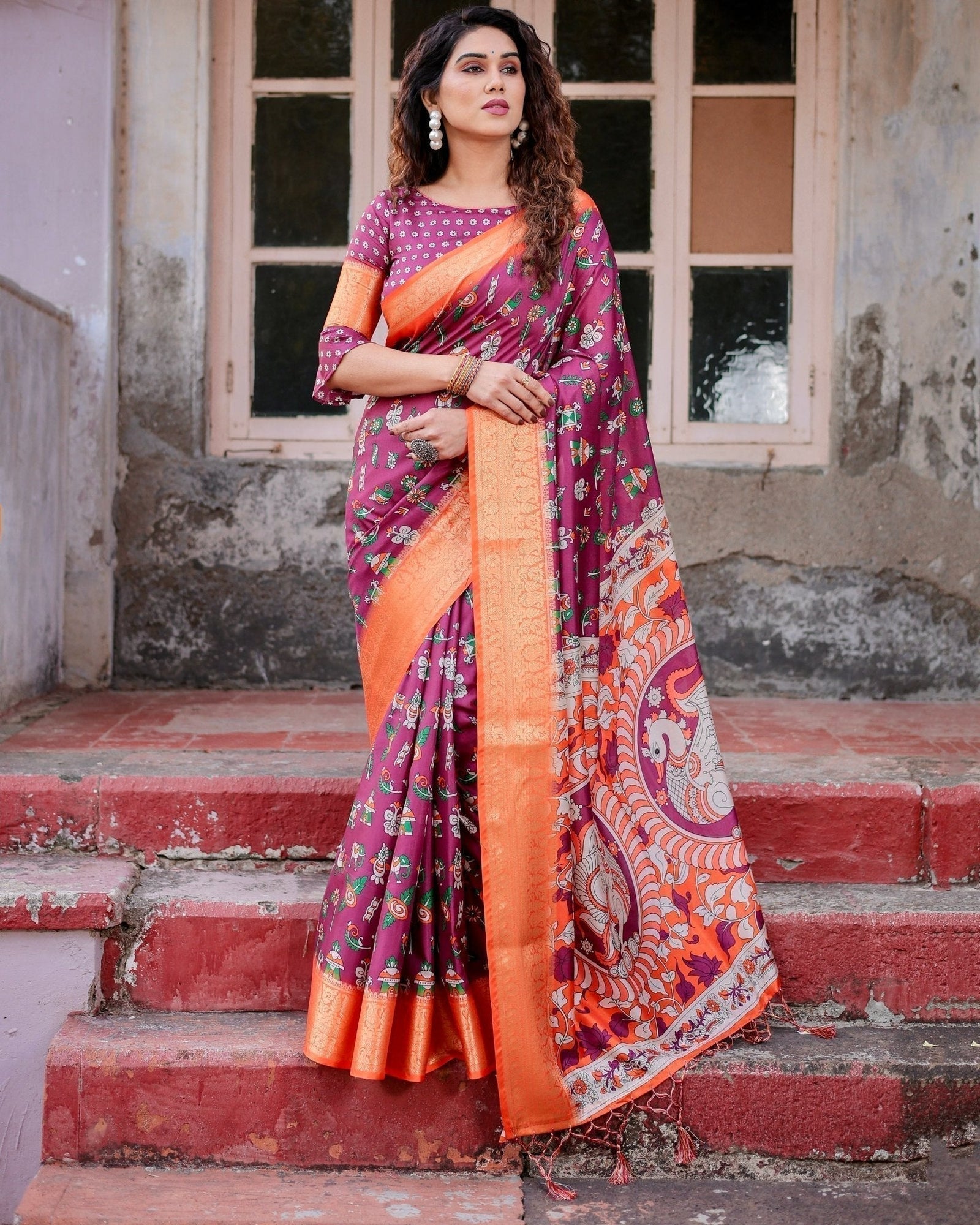 Wine Purple and Orange Tussar Silk Saree with Floral Motifs and Artistic Pallu DIGITAL PRINT