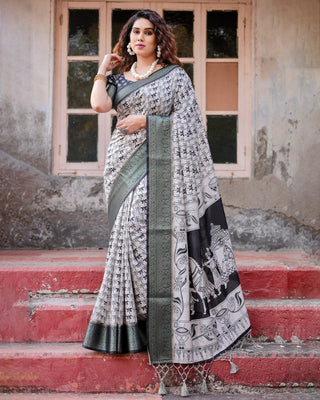 Monochrome White and Black Tussar Silk Saree with Tribal Art Motifs and Zari Border DIGITAL PRINT