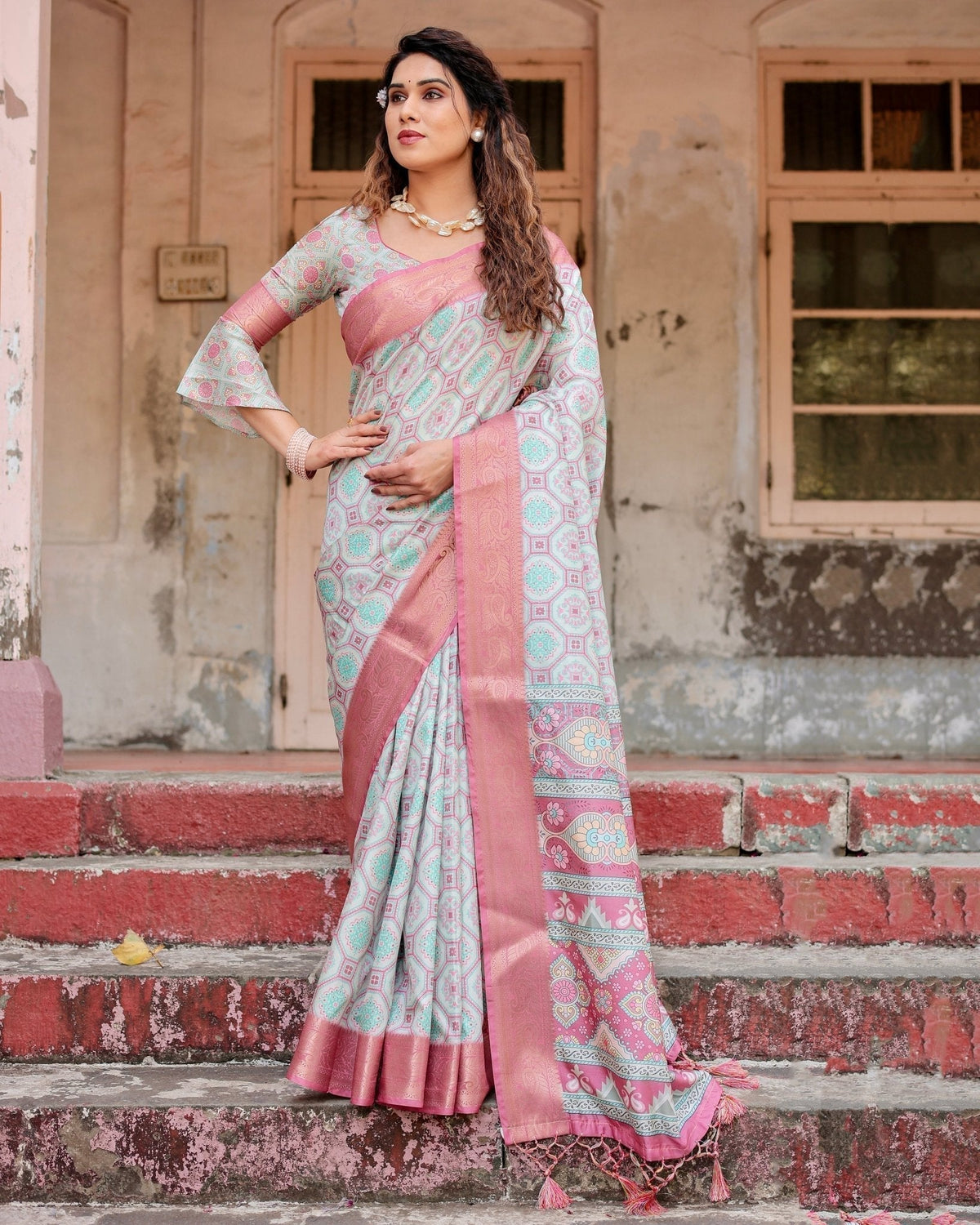 Pastel Pink and Mint Green Geometric Tussar Silk Saree with Zari Paisley Border DIGITAL PRINT Main image