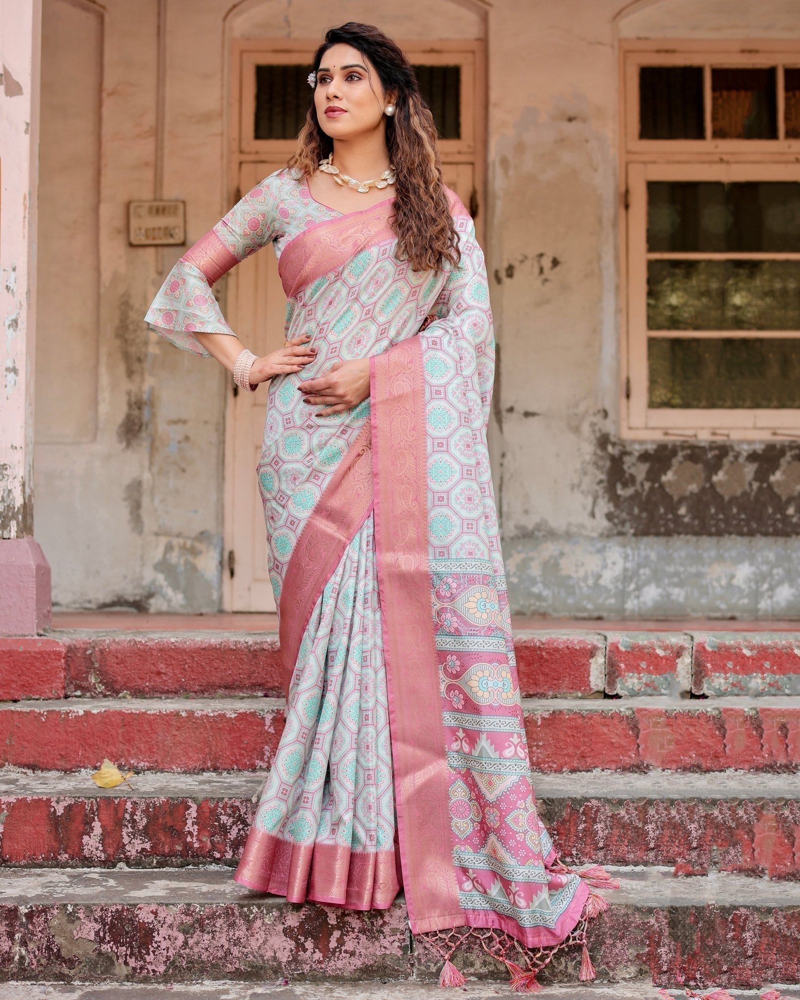 Pastel Pink and Mint Green Geometric Tussar Silk Saree with Zari Paisley Border DIGITAL PRINT Main image