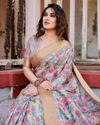 Exquisite Gray Floral Digital Print Saree with Golden Border and Ornamental Pallu DIGITAL PRINT