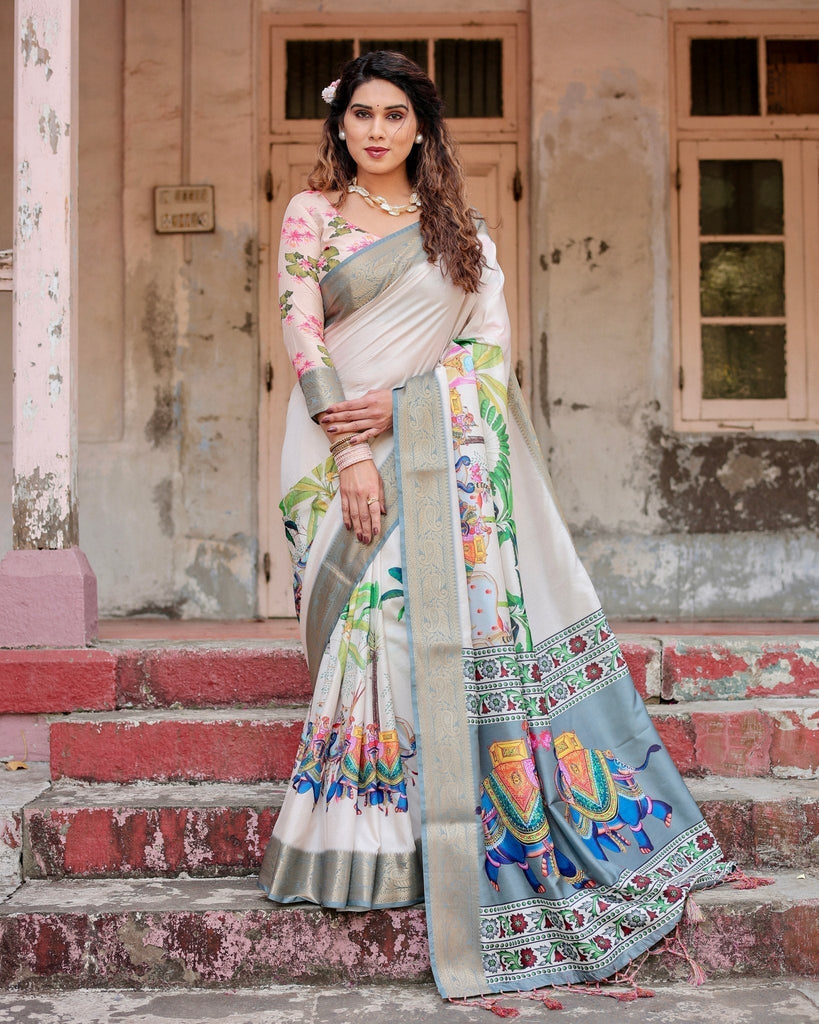 Ivory Tussar Silk Saree with Handcrafted Elephant Motif Pallu and Golden Zari Border DIGITAL PRINT