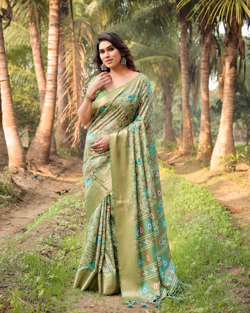 Elegant Light Green Tussar Silk Saree with Zari Motif Border and Contemporary Checkered Pallu Design DIGITAL PRINT
