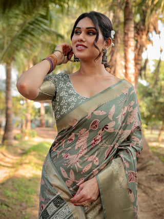 Graceful Olive Green Tussar Silk Saree with Intricate Beige and Maroon Botanical Print and Zari Border DIGITAL PRINT