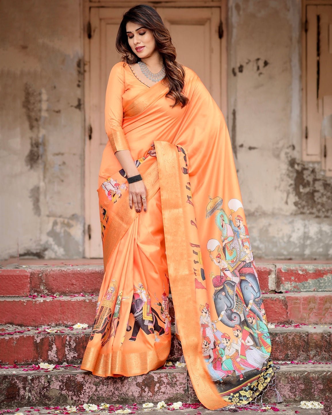 Sunset Orange Tussar Silk Saree with Royal Procession Pallu and Zari Border DIGITAL PRINT Main image