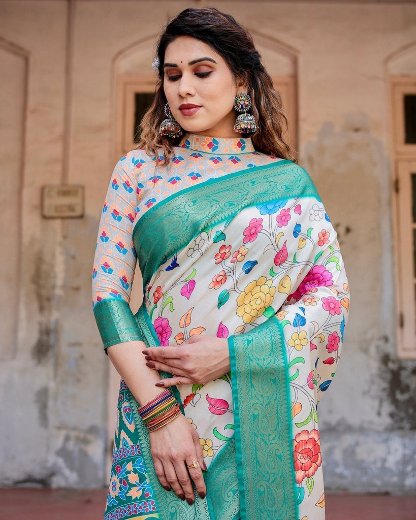 Elegant Multicolor Floral Digital Print Saree with Ornate Green Border and Artistic Pallu DIGITAL PRINT