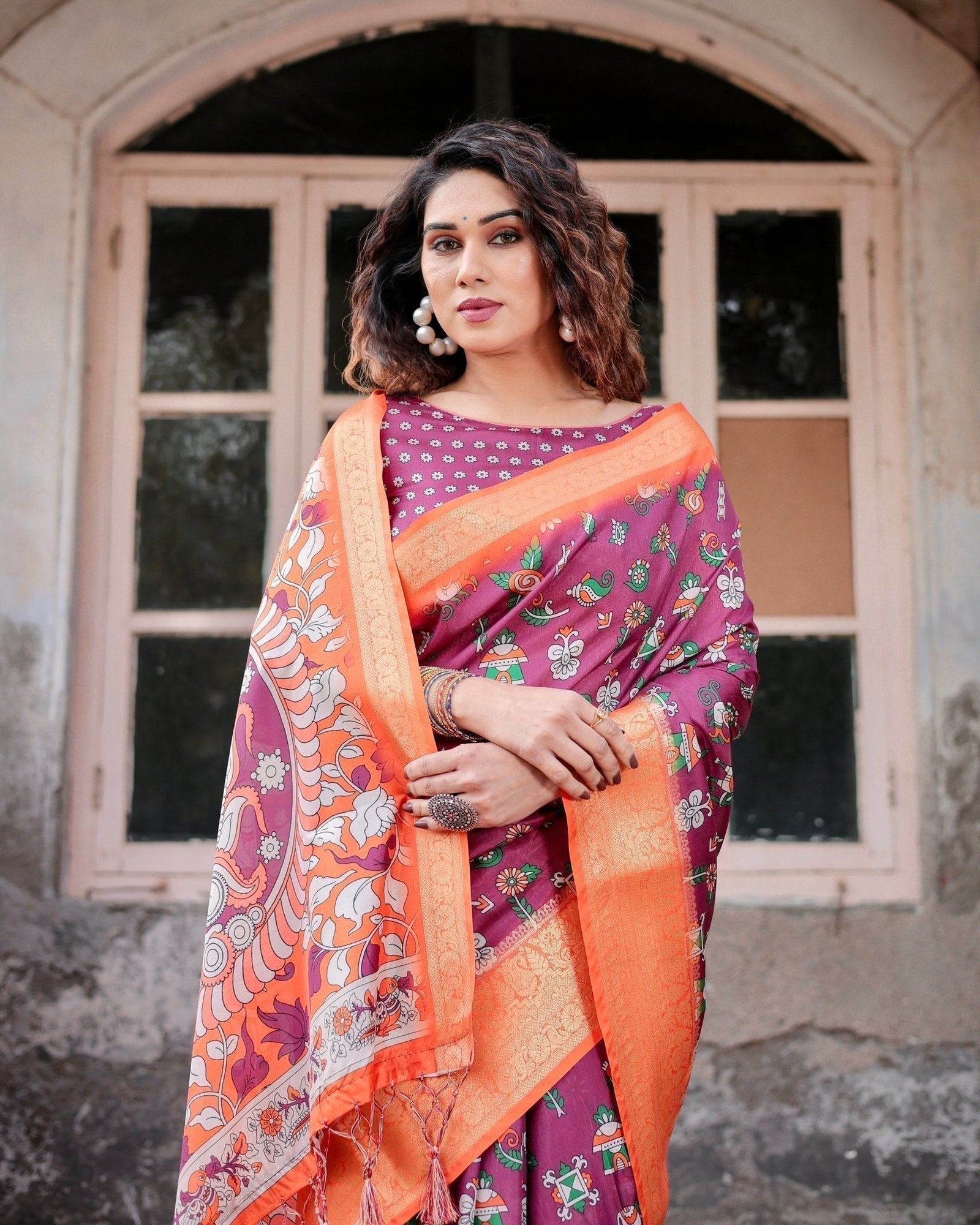 Wine Purple and Orange Tussar Silk Saree with Floral Motifs and Artistic Pallu DIGITAL PRINT