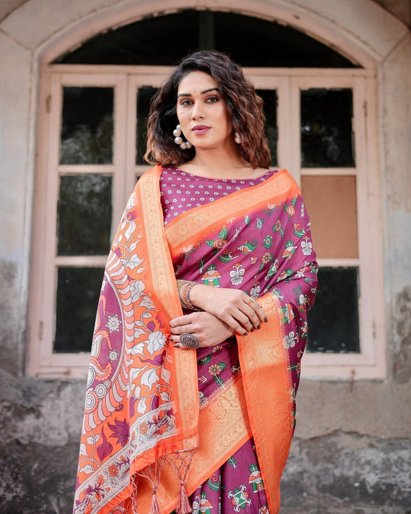 Wine Purple and Orange Tussar Silk Saree with Floral Motifs and Artistic Pallu DIGITAL PRINT