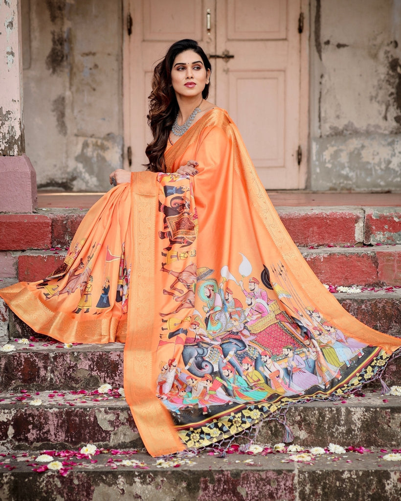 Sunset Orange Tussar Silk Saree with Royal Procession Pallu and Zari Border DIGITAL PRINT