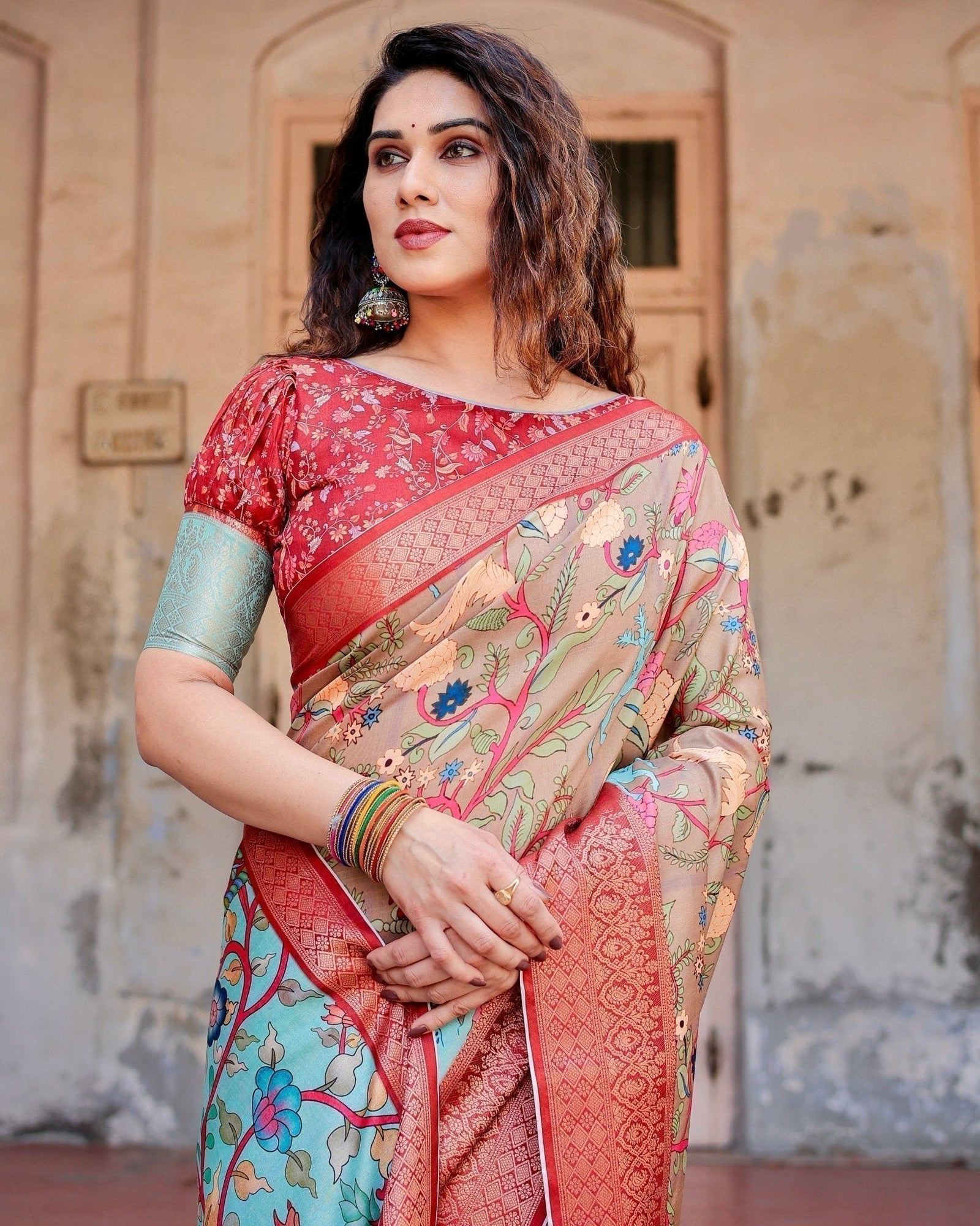 Beige Tussar Silk Saree with Vibrant Multicolor Floral Prints and Red Zari Border DIGITAL PRINT